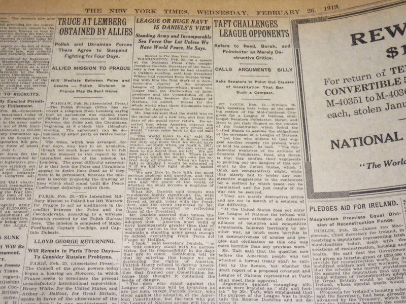 1919 FEBRUARY 26 NEW YORK TIMES - NO EXTRA SESSION UNTIL WILSON RETURNS- NT 7969