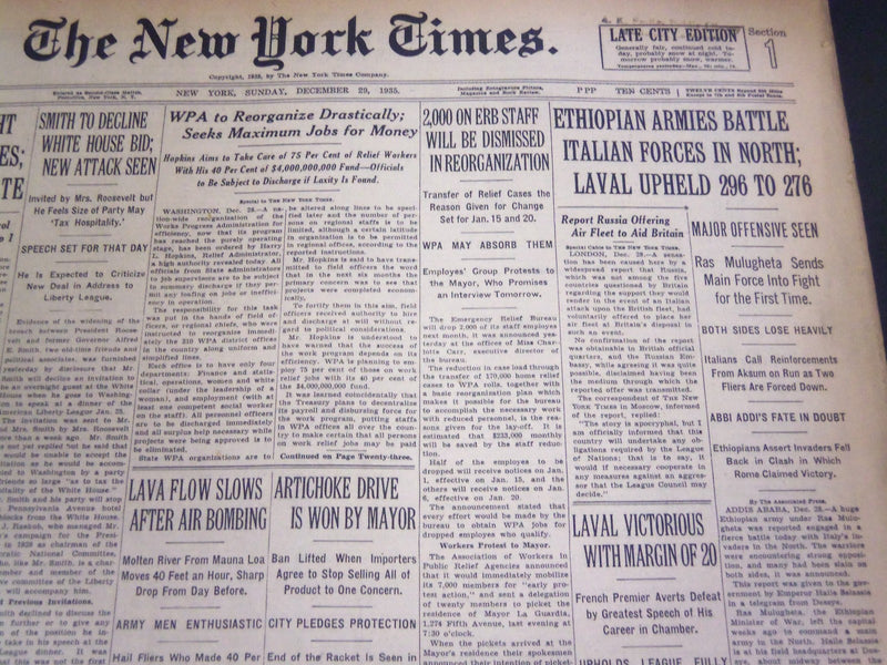 1935 DEC 29 NEW YORK TIMES - ETHIOPIAN ARMIES BATTLE ITALIANS IN NORTH - NT 4897
