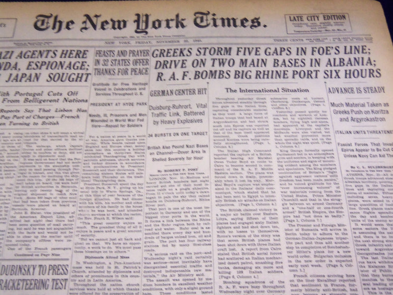 1940 NOVEMBER 22 NEW YORK TIMES - GREEKS STORM 5 GAPS IN FOE'S LINE - NT 2500