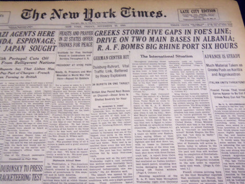 1940 NOVEMBER 22 NEW YORK TIMES - GREEKS STORM 5 GAPS IN FOE'S LINE - NT 2500