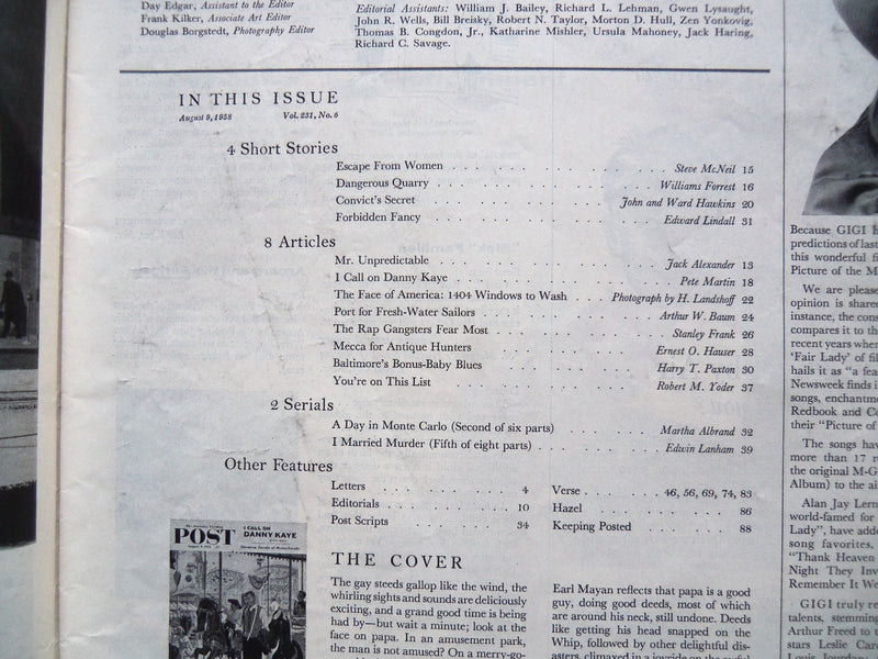 1958 AUG 9 THE SATURDAY EVENING POST MAGAZINE - I CALL ON DANNY KAYE - SP 2194