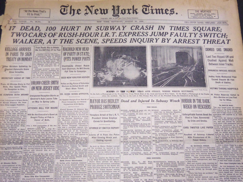 1928 AUGUST 25 NEW YORK TIMES - 17 DEAD IN SUBWAY CRASH IN TIMES SQUARE- NT 5101