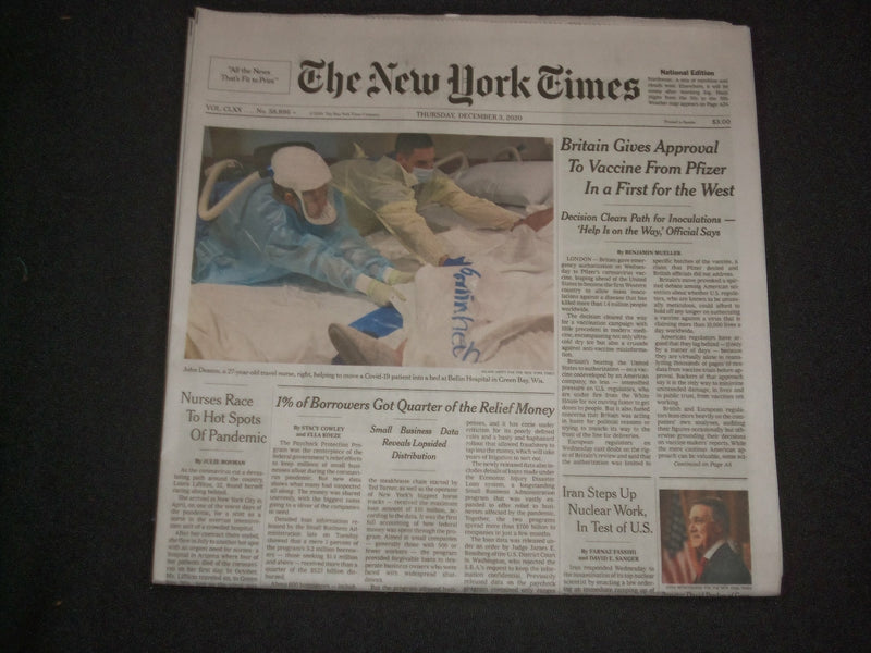 2020 DECEMBER 3 NEW YORK TIMES - BRITAIN GIVES APPROVAL TO VACCINE FROM PFIZER