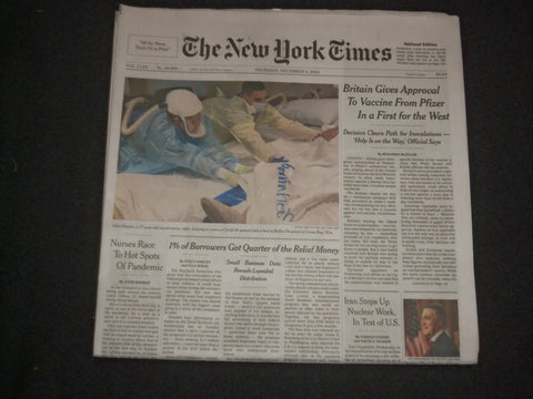 2020 DECEMBER 3 NEW YORK TIMES - BRITAIN GIVES APPROVAL TO VACCINE FROM PFIZER