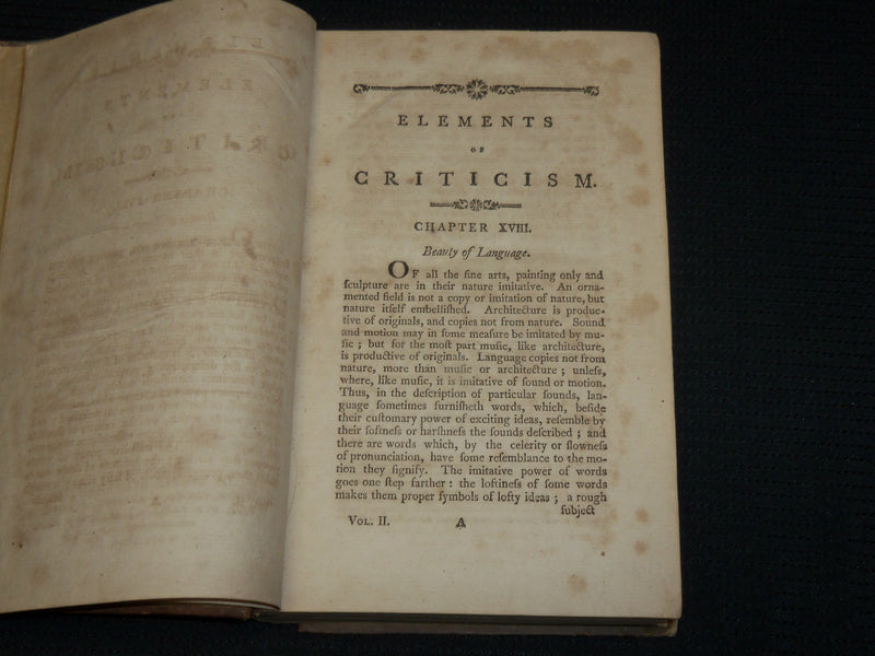 1796 ELEMENTS OF CRITICISM HARDCOVER VOLUME II - FIRST AMERICAN EDITION- KD 7486