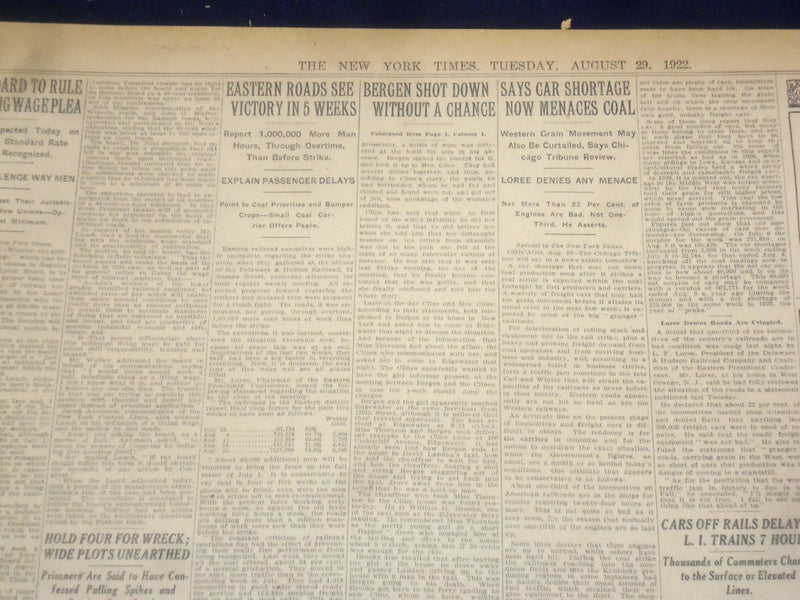 1922 AUGUST 29 NEW YORK TIMES - BERGEN SHOT DOWN WITHOUT A CHANCE - NT 8380