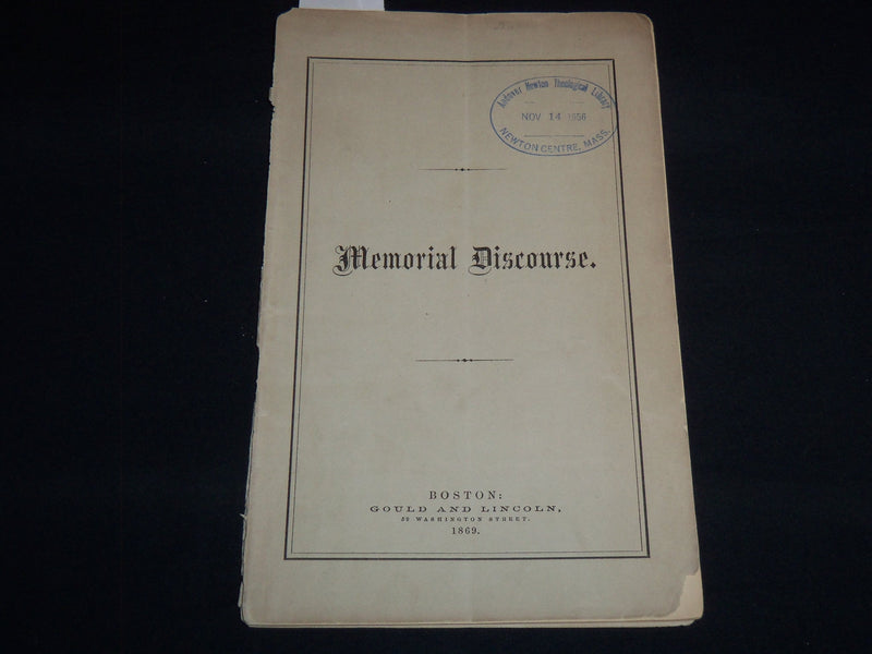 1869 MEMORIAL DISCOURSE LIFE AND CHARACTER BOOK BY HON. RICHARD FLETCHER- J 8870