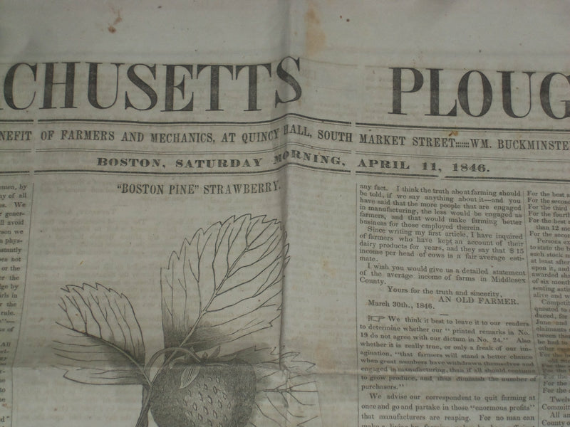 1846 APRIL 11 MASSACHUSETTS PLOUGHMAN NEWSPAPER- BOSTON PINE STRAWBERRY- NP 5122