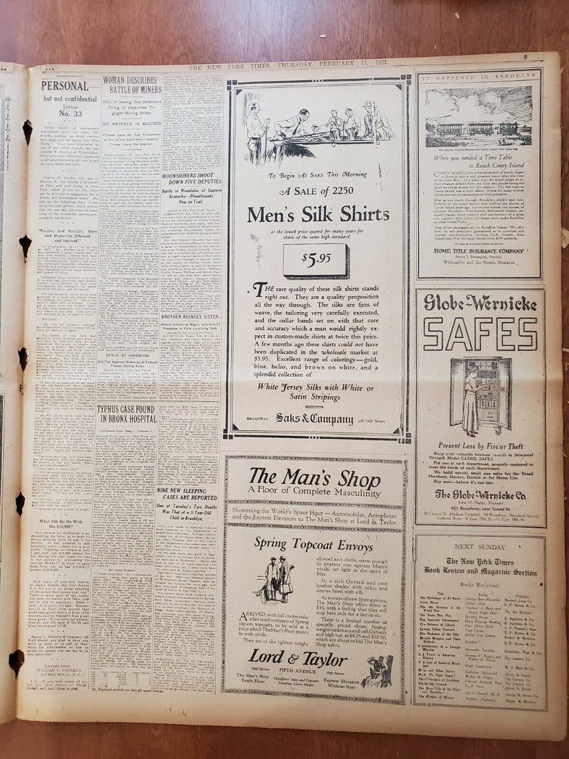 1921 FEBRUARY 17 NEW YORK TIMES - CARUSO IMPROVED; RELAPSE SEEMS REMOTE- NT 8126