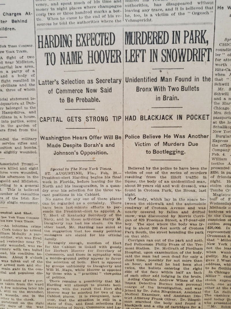 1921 FEBRUARY 21 NEW YORK TIMES - HARDING EXPECTED TO NAME HOOVER - NT 8134