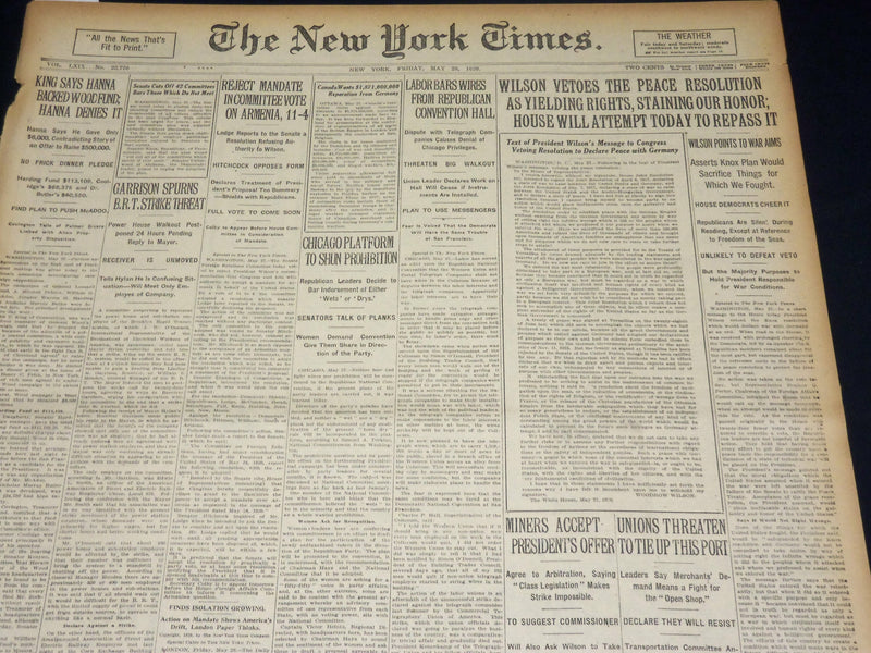 1920 MAY 28 NEW YORK TIMES - WILSON BETOES RESOLUTION, RUTH 2 HOMERS - NT 8680
