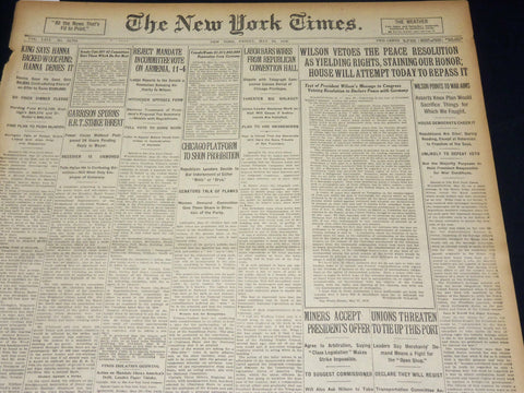 1920 MAY 28 NEW YORK TIMES - WILSON BETOES RESOLUTION, RUTH 2 HOMERS - NT 8680