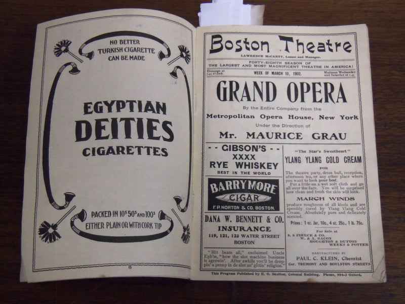 1902 MARCH 10 BOSTON THEATRE OPERA PROGRAM - LAWRENCE MCCARTY - K 1188