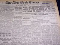 1940 MARCH 12 NEW YORK TIMES - POPE COLD TO RIBBENTROP PEACE PLEA - NT 2517