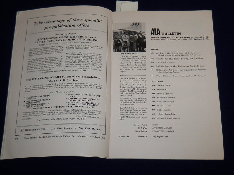 1961 JULY-AUGUST ALA BULLETIN - FIRST REPORT OF THE MISSION TO THE USSR - K 522