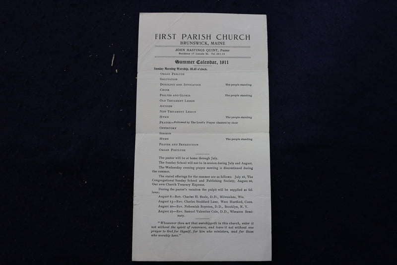 1911 FIRST PARISH CHURCH SUMMER CALENDAR - BRUNSWICK, MAINE - K 941