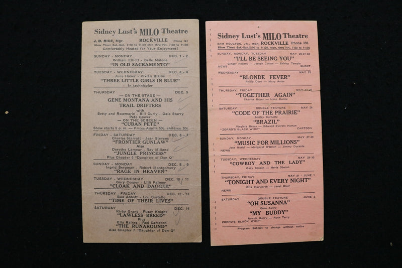 1940'S SIDNEY LUST'S MILO THEATRE PROGRAM CARDS - LOT OF 4 - ROCKVILLE - K 2819
