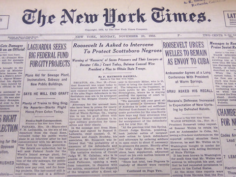 1933 NOV 20 NEW YORK TIMES - ROOSEVELT ASKED PROTECT SCOTTSBORO NEGROES- NT 5175