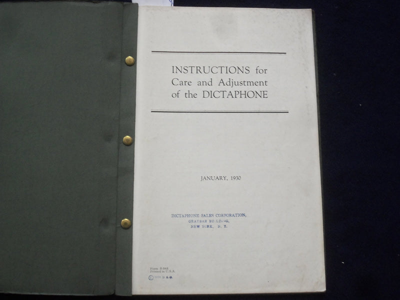 1930 INSTRUCTIONS FOR CARE & ADJUSTMENT OF THE DICTAPHONE SOFTCOVER BOOK -J 9608