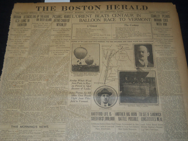 1906 OCT 23 THE BOSTON HERALD - L'ORIENT BEATS CENTAUR IN BALLOON RACE - BH 94