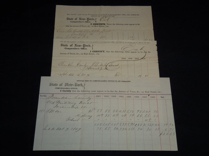 1849-1869 STATE OF NEW YORK COMPTROLLER'S OFFICE TAX BILLS LOT OF 3 - J 8853