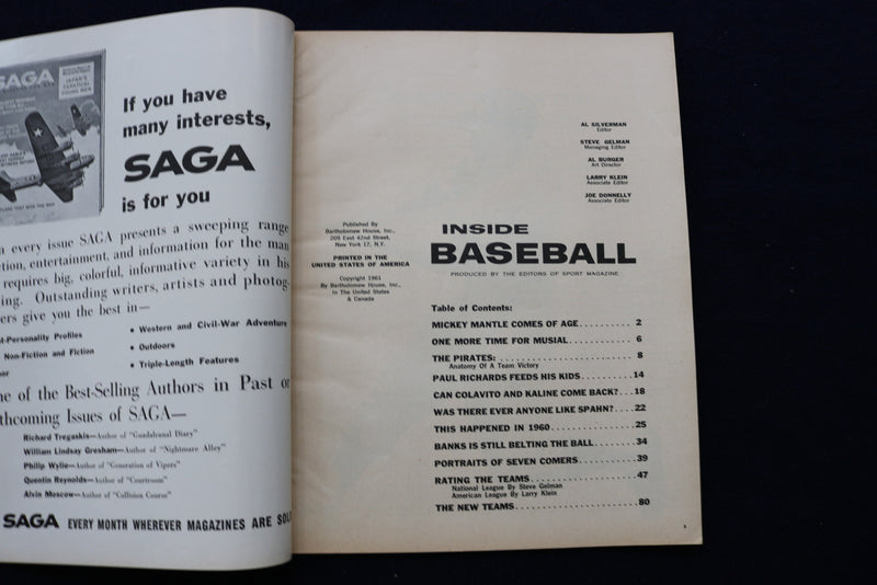 1961 INSIDE BASEBALL MAGAZINE - MICKEY MANTLE - DICK GROAT COVER - E 11895