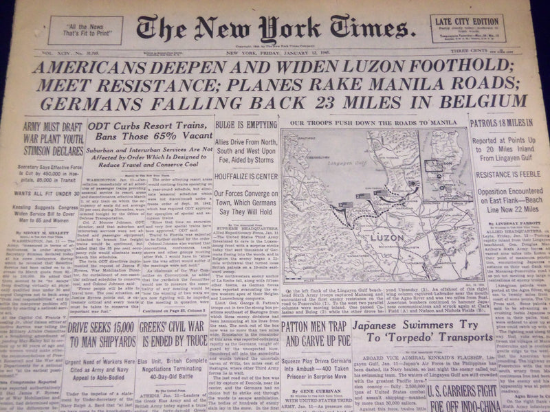 1945 JAN 12 NEW YORK TIMES - AMERICANS DEEPEN AND WIDEN LUZON FOOTHOLD - NT 625
