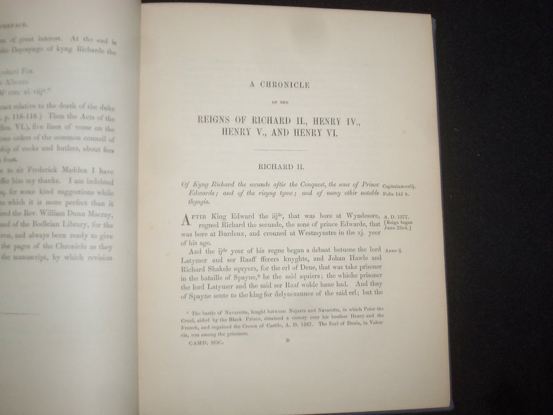 1856 AN ENGLISH CHRONICLE OF RICHARD II, HENRY IV, V, VI HARDCOVER BOOK- KD 9262