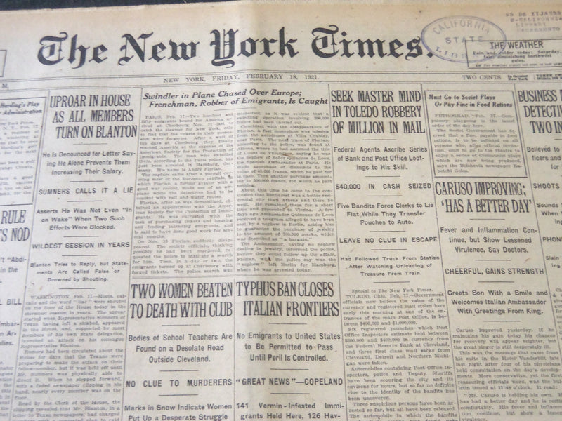 1921 FEBRUARY 18 NEW YORK TIMES - CARUSO IMPROVING HAS A BETTER DAY - NT 5473