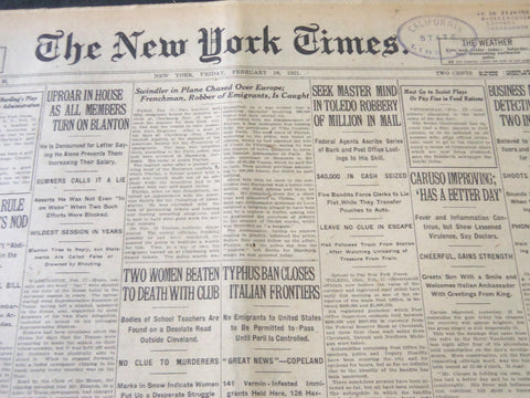 1921 FEBRUARY 18 NEW YORK TIMES - CARUSO IMPROVING HAS A BETTER DAY - NT 5473