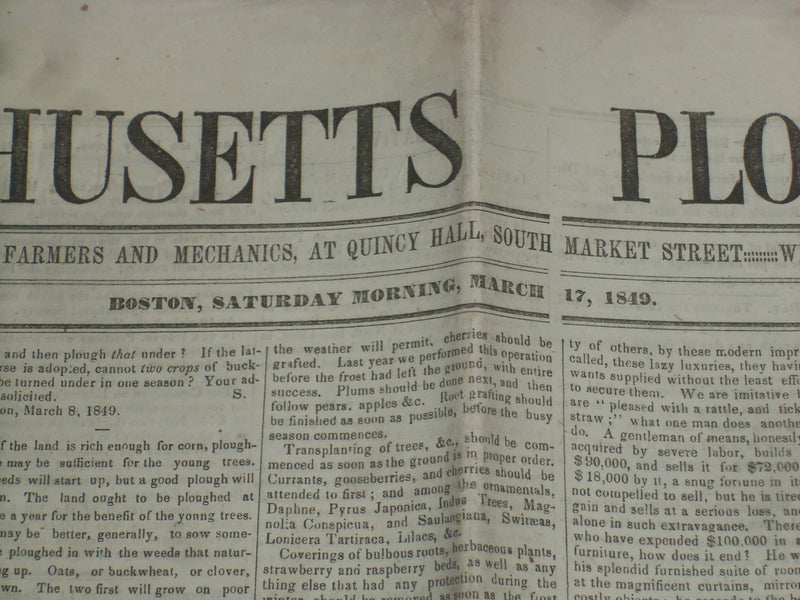 1849 MARCH 17 MASSACHUSETTS PLOUGHMAN NEWSPAPER - ELECTRO MAGNETISM - NP 5163