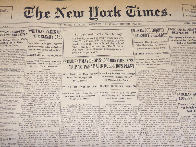 1915 JAN 19 NEW YORK TIMES - $1,000,000 FIRE LOSS IN ROEBLING'S PLANT - NT 7836