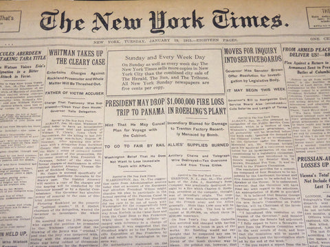 1915 JAN 19 NEW YORK TIMES - $1,000,000 FIRE LOSS IN ROEBLING'S PLANT - NT 7836