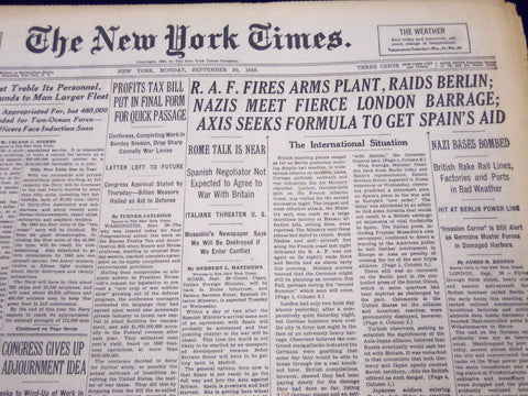 1940 SEPT 30 NEW YORK TIMES - R. A. F. FIRES ARMS PLANT, RAIDS BERLIN - NT 327