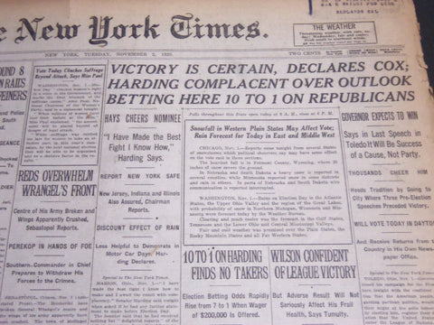 1920 NOVEMBER 2 NEW YORK TIMES - VICTORY IS CERTAIN DECLARES COX - NT 6794
