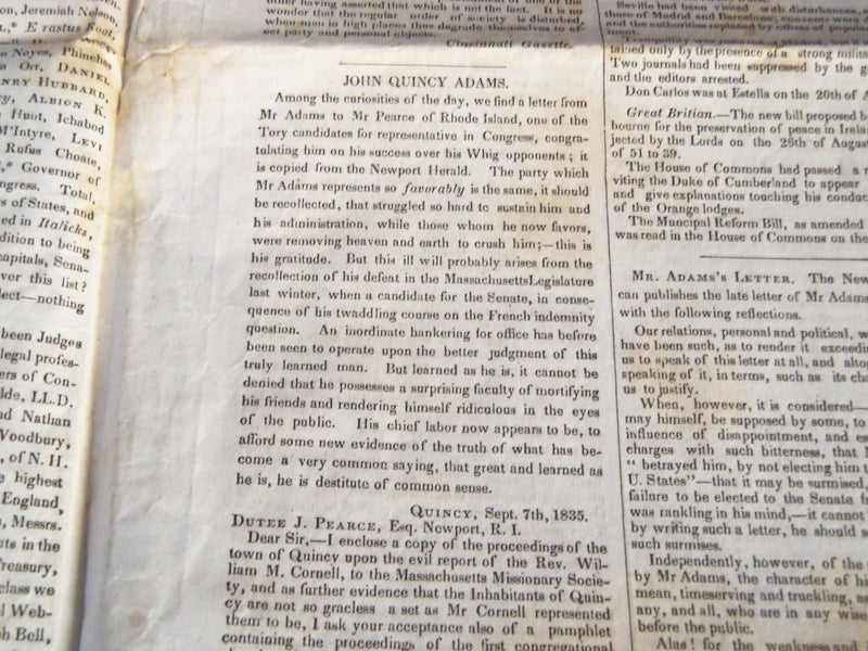 1835 OCT 10 NEW HAMPSHIRE STATESMAN - ADAMS - WEBSTER - SMALL POX - NP 614B