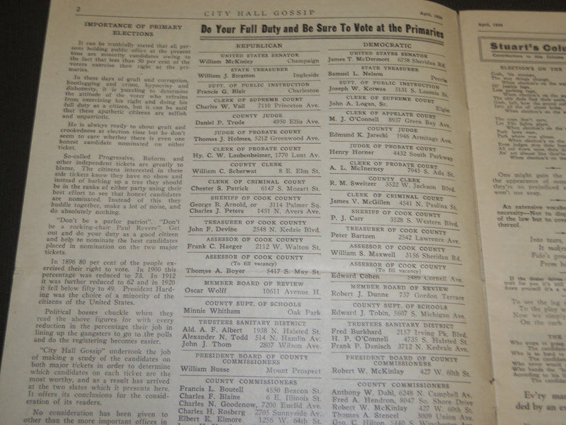1926 APRIL CITY HALL GOSSIP MAGAZINE VOLUME 1 NO. 1 - CHICAGO - J 3520