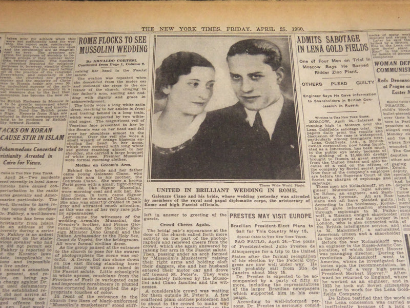 1930 APRIL 25 NEW YORK TIMES - ROME FLOCKS TO SEE MUSSOLINI WEDDING - NT 6686