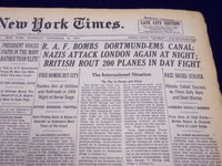 1940 SEPT 21 NEW YORK TIMES - R. A. F. BOMBS DORTMUND EMS CANAL - NT 217