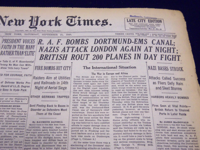 1940 SEPT 21 NEW YORK TIMES - R. A. F. BOMBS DORTMUND EMS CANAL - NT 217