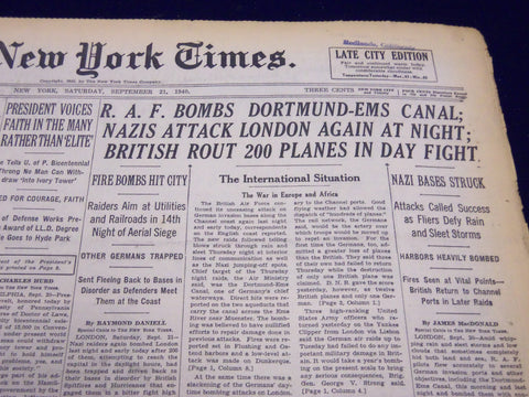 1940 SEPT 21 NEW YORK TIMES - R. A. F. BOMBS DORTMUND EMS CANAL - NT 217
