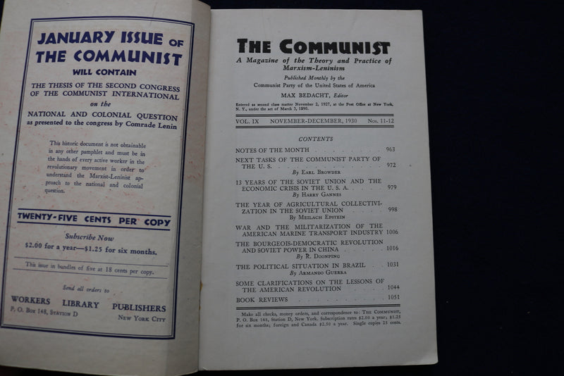 1930 NOVEMBER-DECEMBER THE COMMUNIST MONTHLY PERIODICAL - K 475