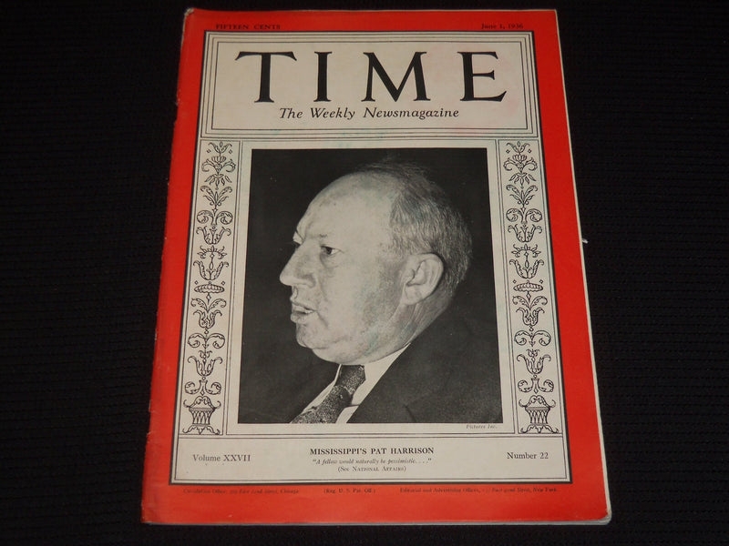 1936 JUNE 1 TIME MAGAZINE - SENATOR PATTON HARRISON- T 518