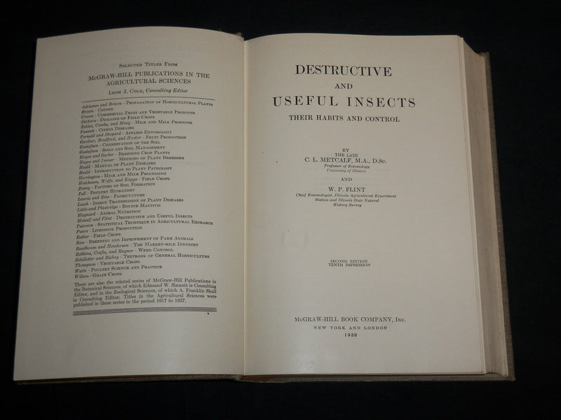 1939 DESTRUCTIVE AND USEFUL INSECTS HARDCOVER BOOK BY C. L. METCALF - KD 7016
