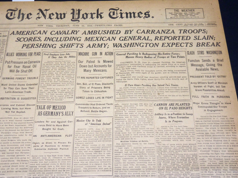 1916 NEW YORK TIMES - AMERICAN CAVALRY AMBUSHED BY CARRANZA TROOPS - NT 8625