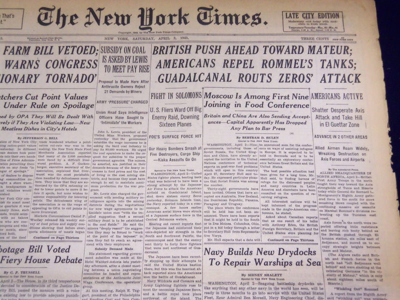 1943 APRIL 3 NEW YORK TIMES - GUADALCANAL ROUTS ZEROS' ATTACKS - NT 1744