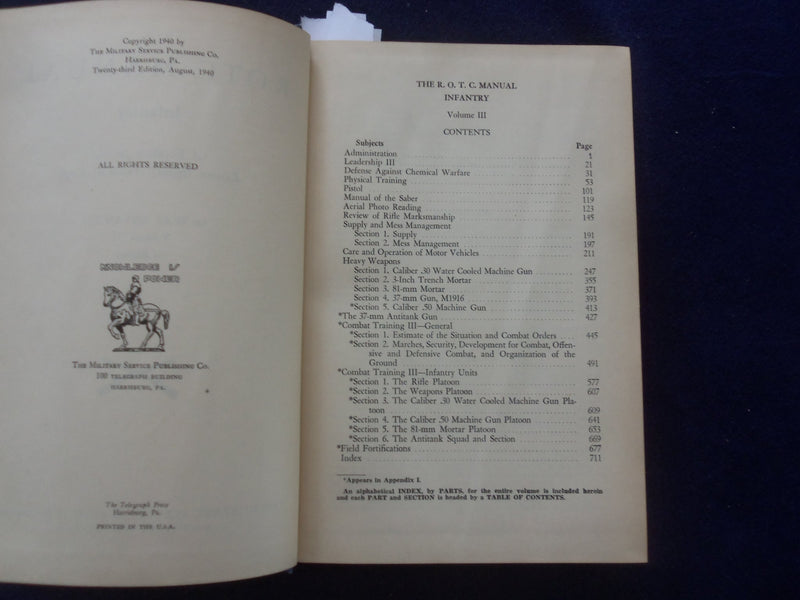 1940 THE R.O.T.C. INFANTRY MANUAL HARDCOVER BOOK - VOLUME III - KD 8622
