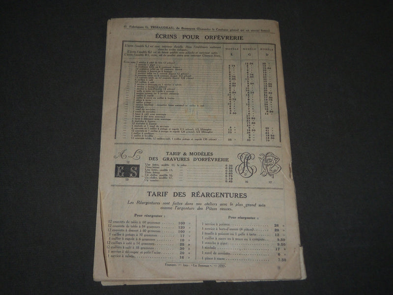 1922-1923 G. TRIBAUDEAU FABRIQUES DE BESANCON MONTRES FRENCH CATALOGUE - FR 599