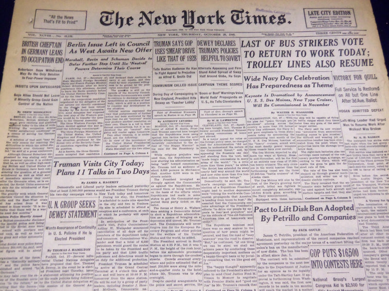 1948 OCTOBER 28 NEW YORK TIMES - BUS STRIKERS VOTE TO RETURN - NT 3390