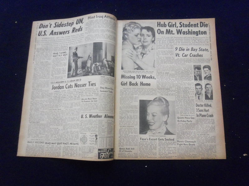 1958 JULY 21 BOSTON DAILY RECORD NEWSPAPER - HUB PAIR DIE ON MT. - NP 6361